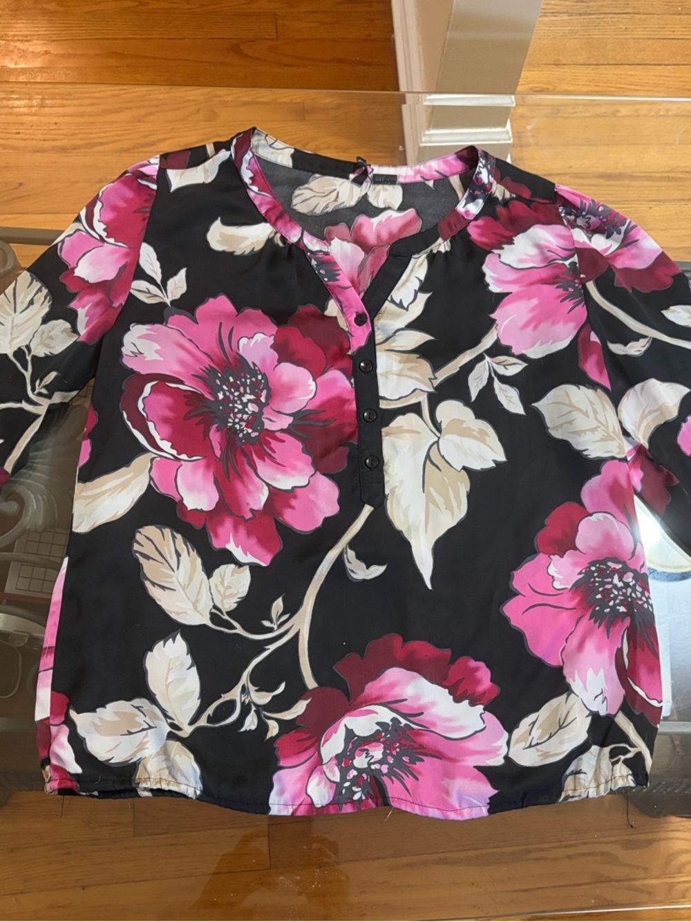 new directions Black Floral Henley Blouse with Pink Blooms